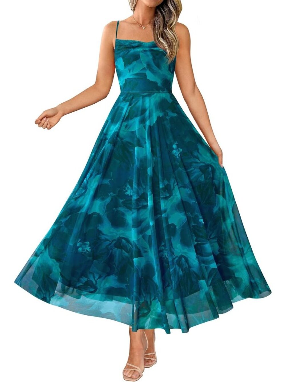 〽️Blue Green Floral Maxi Dress Women's A Line Cowl Neck Spaghetti Strap Party